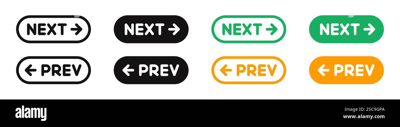 Navigationstasten „zurück“ und „Weiter“. Zurück, nächste Symbolgruppe. Vektorabbildung. Stock Vektor