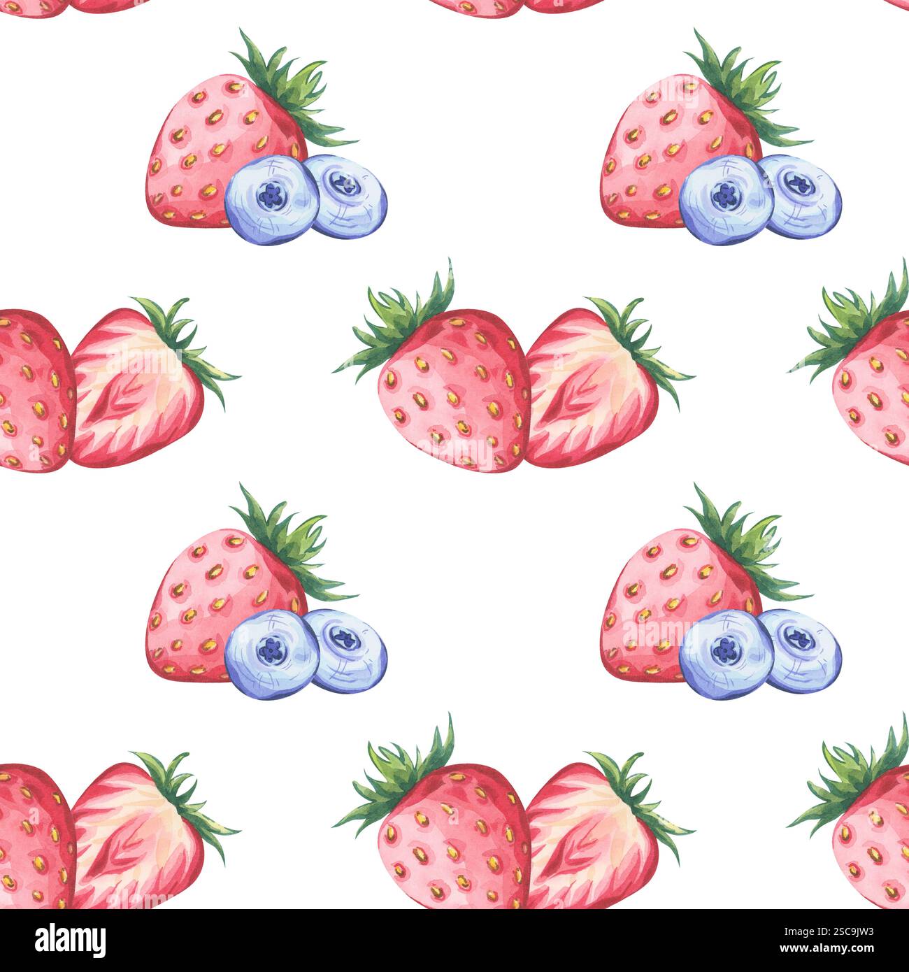 Nahtloses Aquarellmuster mit handbemalten Erdbeeren und Heidelbeeren. Frisches und lebendiges Beerendesign, perfekt für Textilien, Verpackungen und Stockfoto