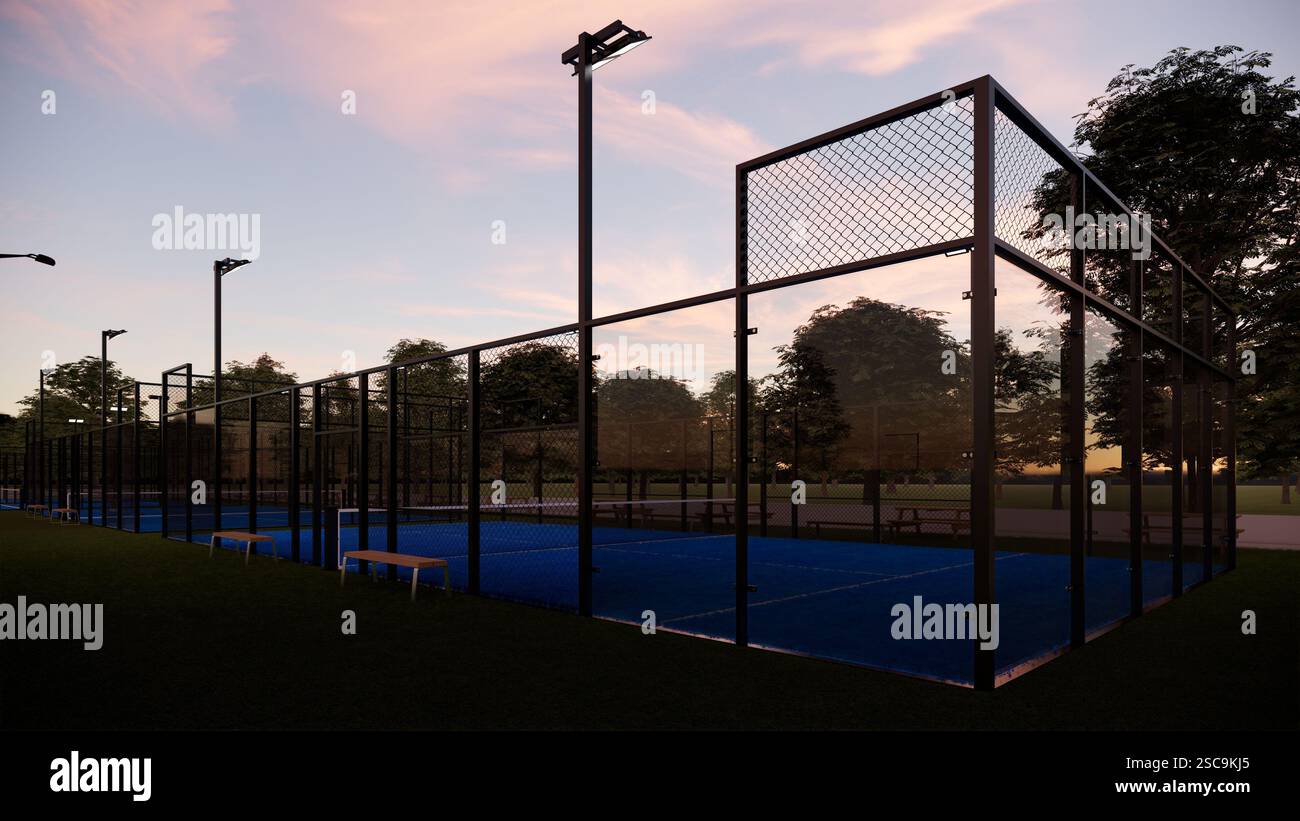 Leerer blauer Padel-Platz im Park mit Sonnenuntergang Stockfoto