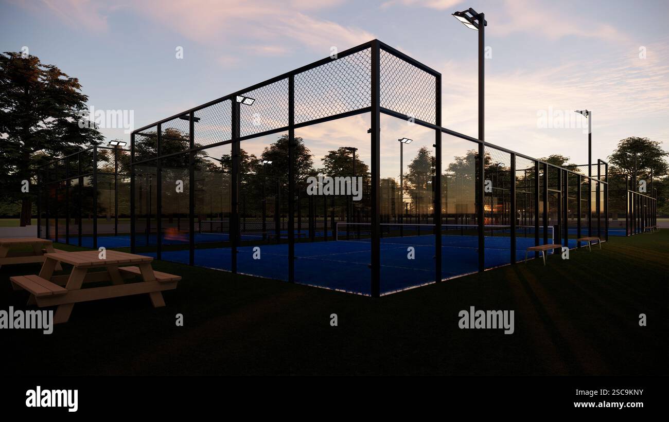 Leerer blauer Padel-Platz im Park mit Sonnenuntergang Stockfoto