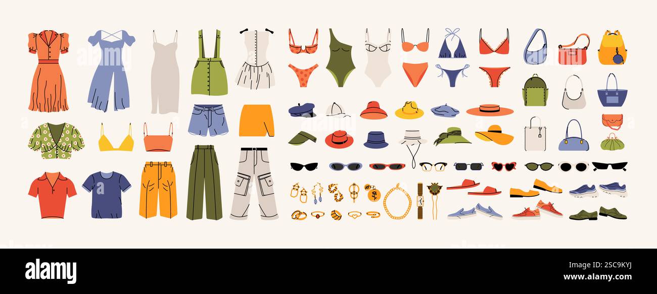 Mode Kleidung Mega-Set. Sommerkleidung und Accessoires, stilvolle Damenkleidung, Kleider Badeanzüge T-Shirts Hosen Schuhe Shorts Taschen Hüte Freizeit Stock Vektor