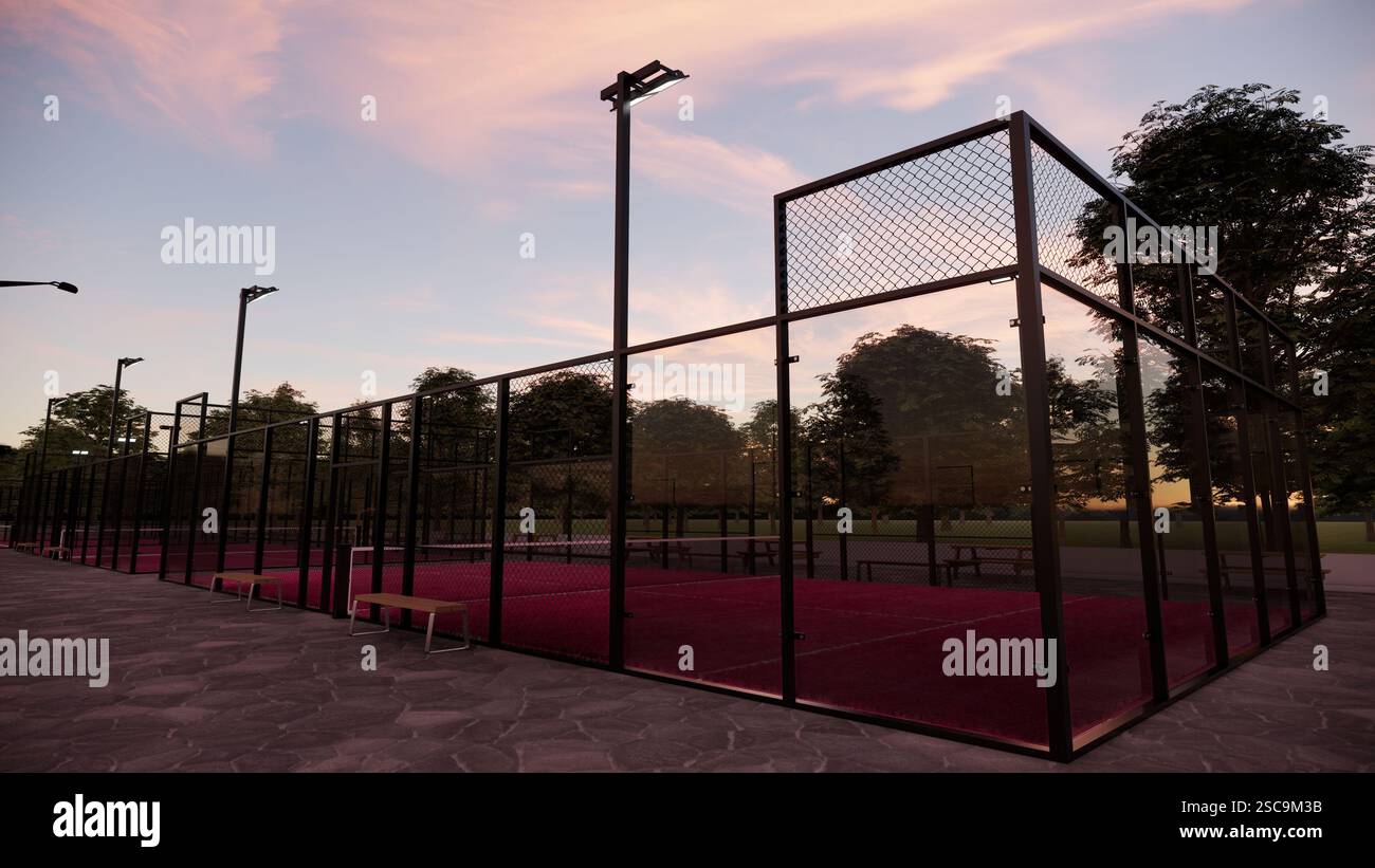 Leerer rosafarbener Padel-Platz im Park mit Sonnenuntergang Stockfoto
