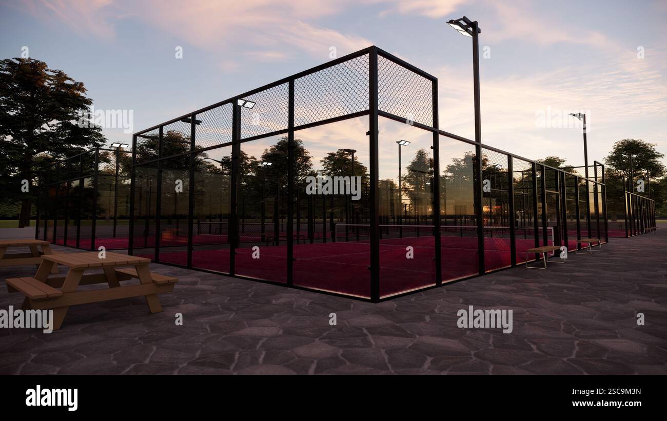 Eckblick auf Padel Court pista bei Sonnenuntergang Stockfoto