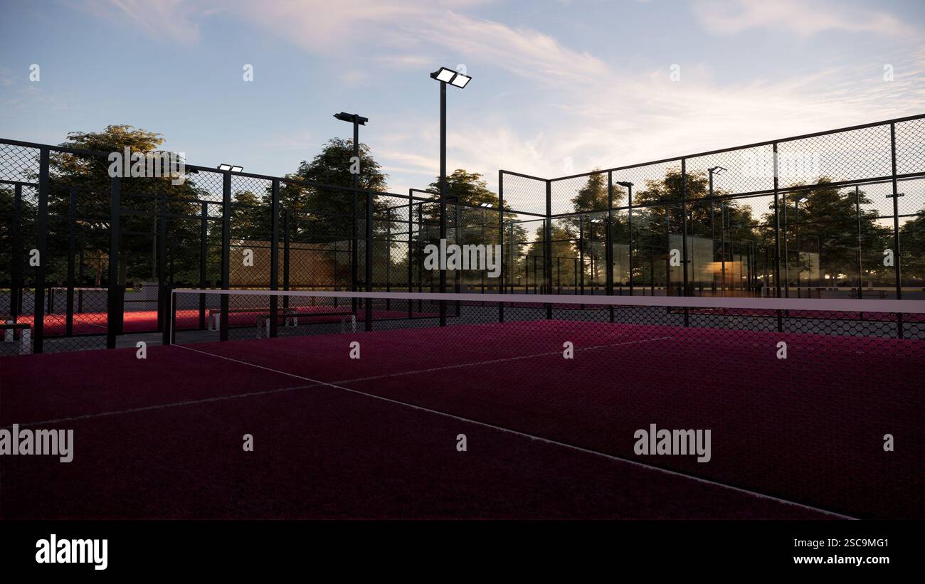 Leerer rosafarbener Padel-Platz im Park mit Sonnenuntergang Stockfoto