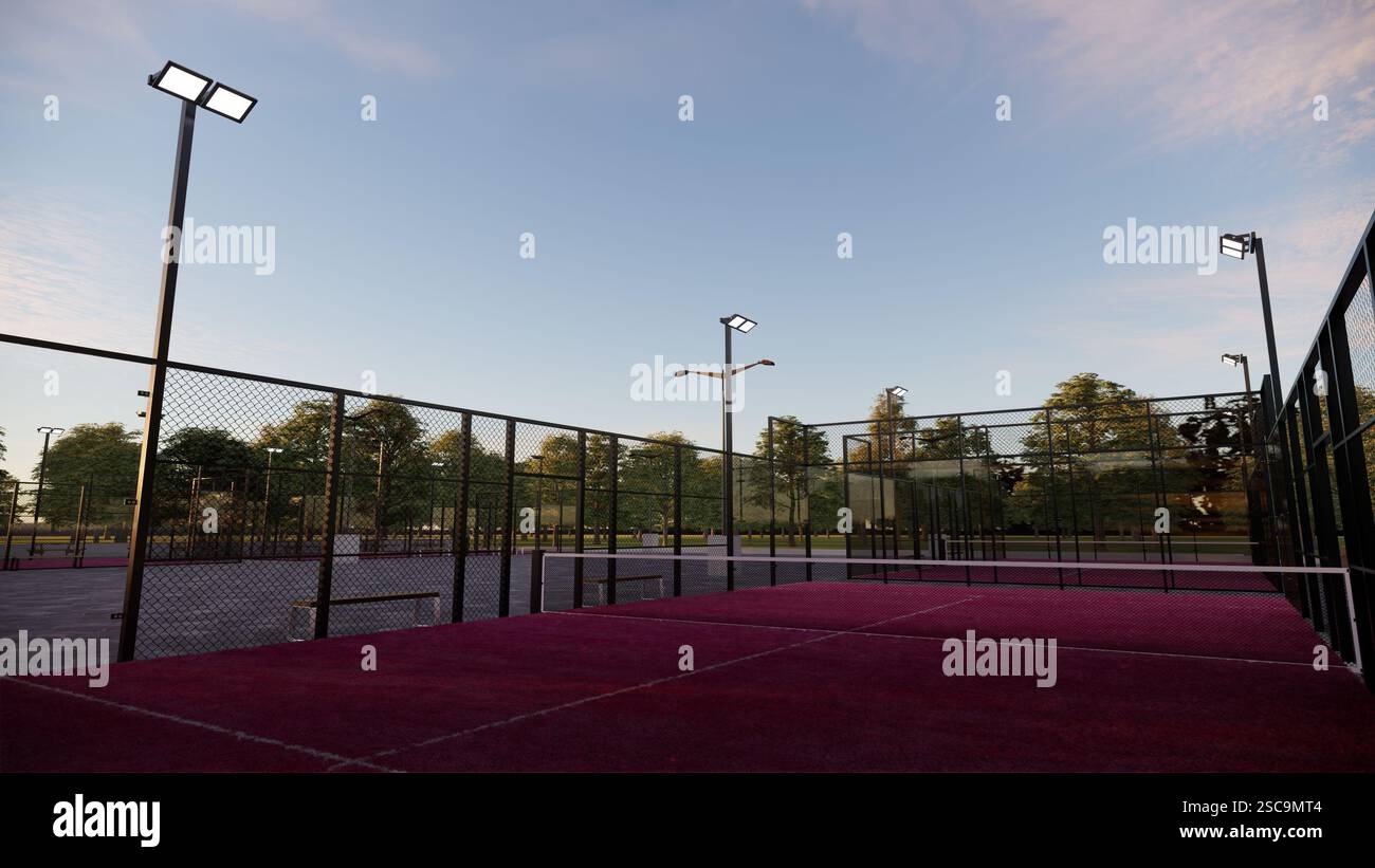 Leerer rosafarbener Padel-Platz im Park mit Sonnenuntergang Stockfoto