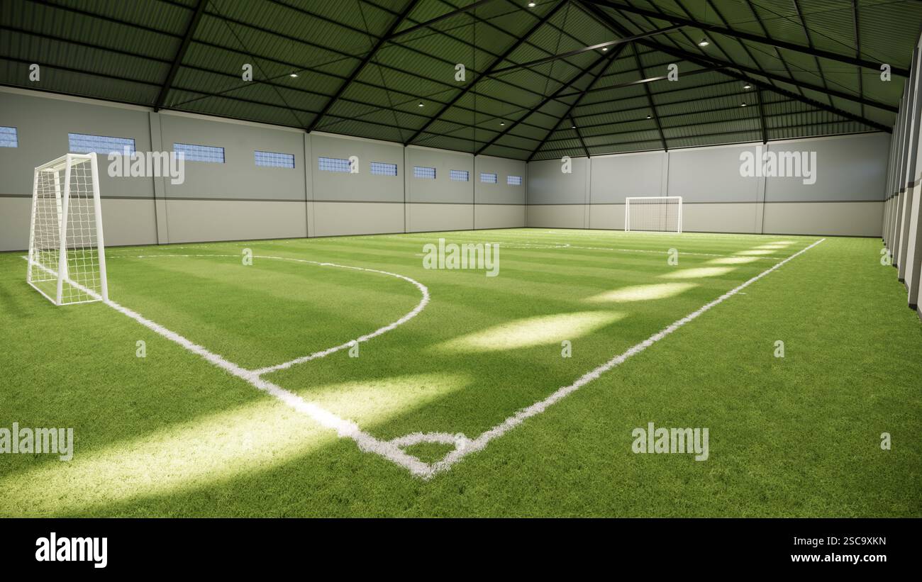 Architektonische Visualisierung einer Indoor-Mini-Fußballarena mit Kunstrasen, Stahldach und Naturlichtplatten Stockfoto