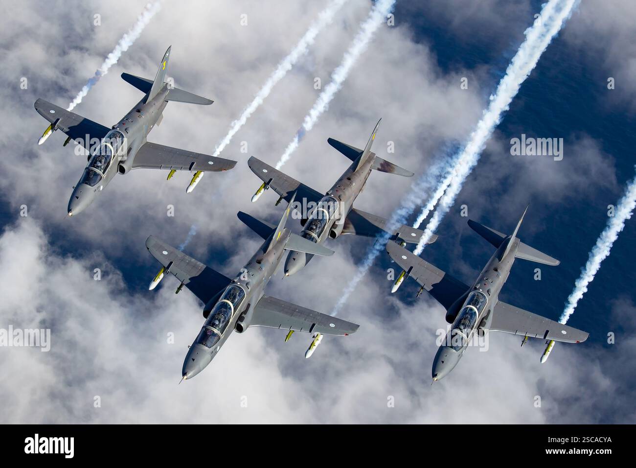 Die finnischen Luftwaffe Midnight Hawks zeigen das Team während eines Air-Air-Fotoshootings in Aktion. Das Team nutzt die Hawk Jet Trainer für seine Kunstflugleistungen, wobei es Präzisionsfliegen und synchronisierte Manöver zeigt. Stockfoto