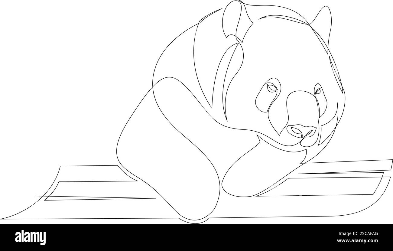Durchgehende einzeilige Zeichnung eines Pandabären auf einem Baum. Minimalistisches Tierdesign. Vektorabbildung Stock Vektor