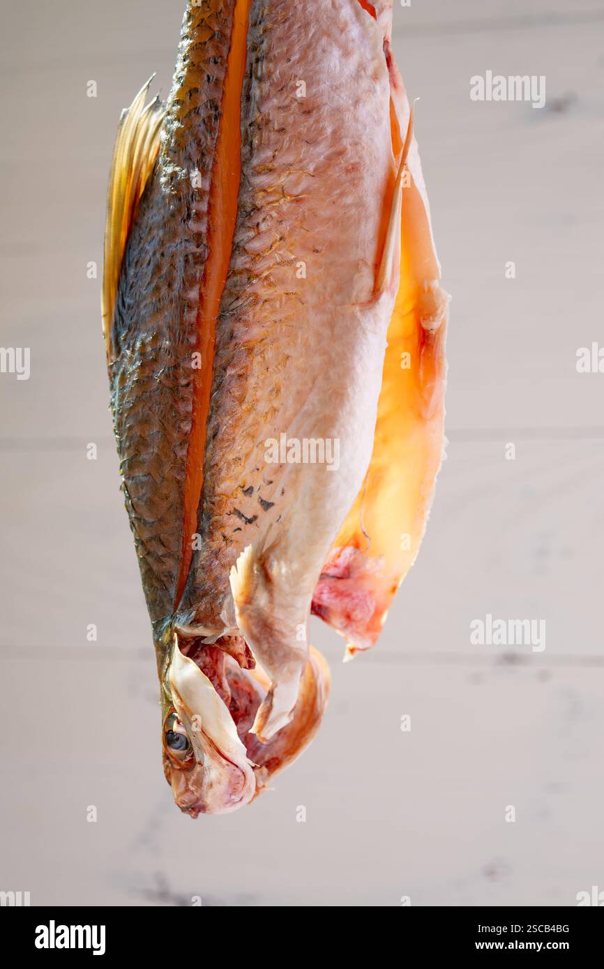 Rohe Karpfen, die an der Luft in vertikaler Kompositone getrocknet werden Stockfoto