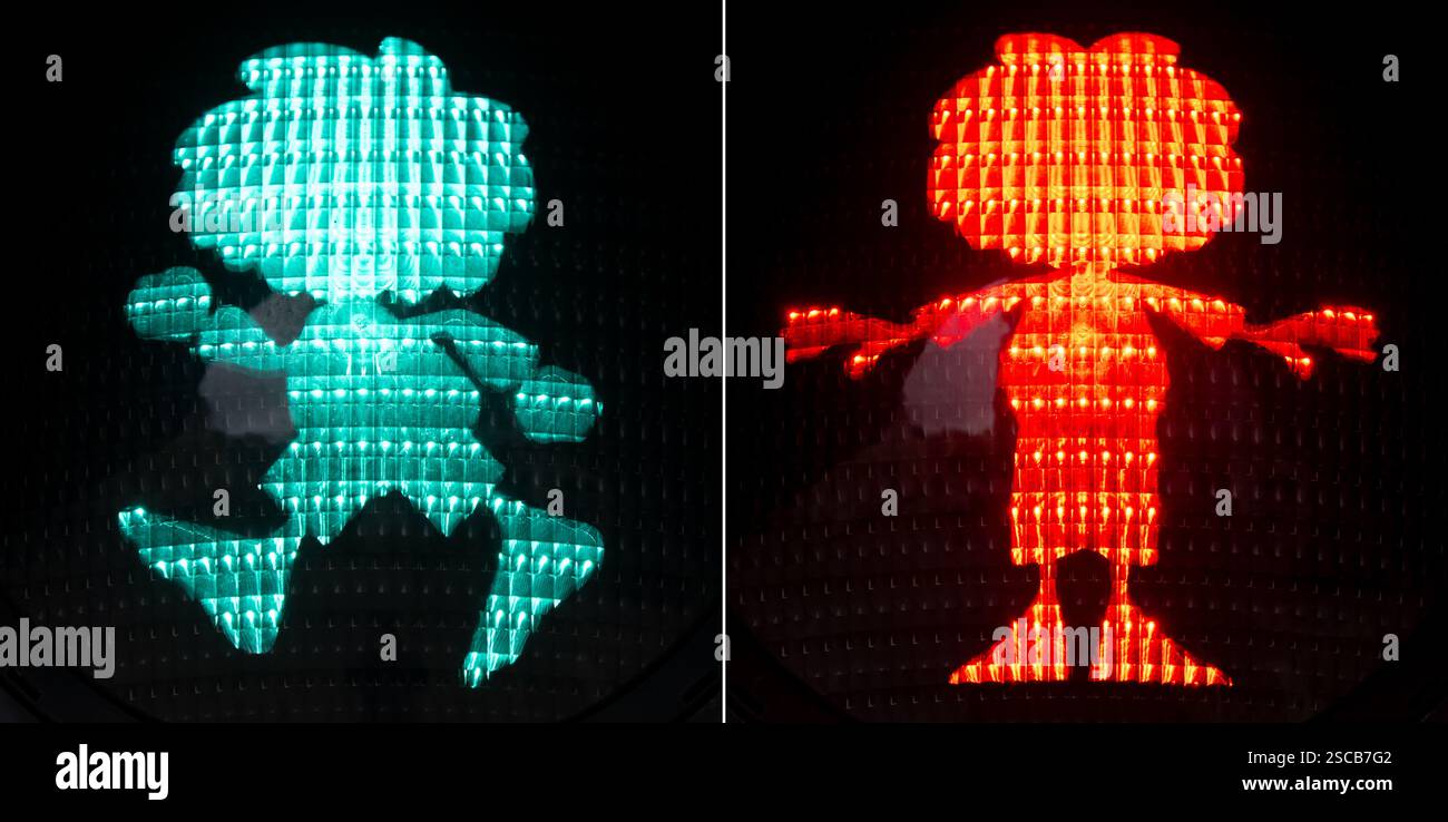 München, Deutschland. Februar 2025. KOMBO - Ein kleiner Ampelmann in Form von Pumuckl leuchtet grün (l) oder rot an einer Fußgängerampel. Die erste von mehreren Pumuckl-Ampeln wurde in München eingeweiht. Quelle: Sven Hoppe/dpa/Alamy Live News Stockfoto