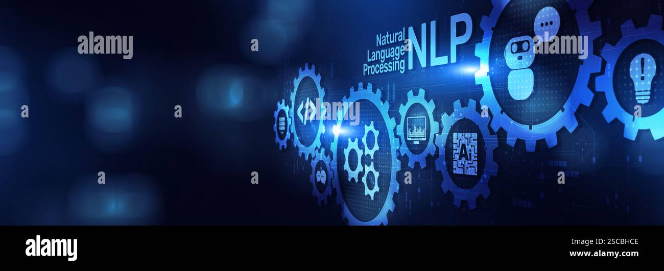 NLP Natural Language Processing zur Verbesserung der Mensch-Computer-Interaktion auf breitem Banner, Geschäfts- und Technologiekonzept. Stockfoto