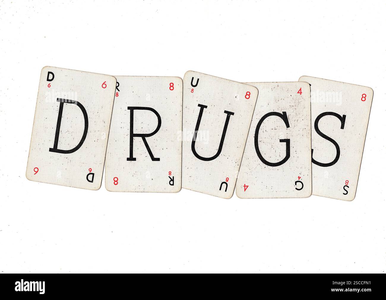 Vintage-Wortspiel-Karten, die DROGEN auf weißem Hintergrund schreiben. Stockfoto