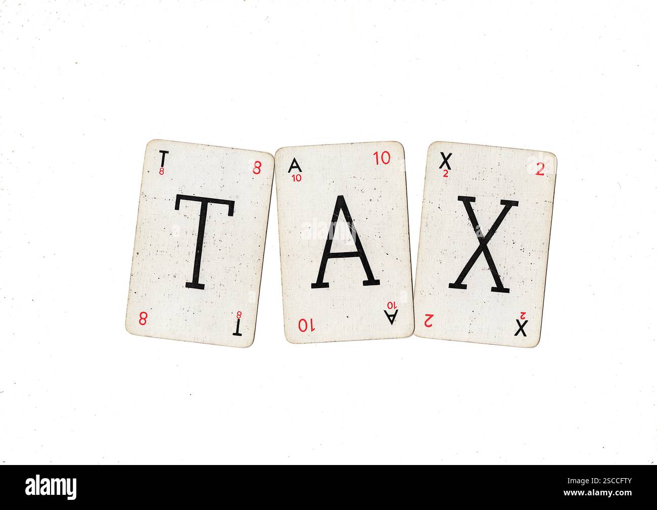 Vintage-Wortspiel-Karten, die STEUERN auf weißem Hintergrund schreiben. Stockfoto