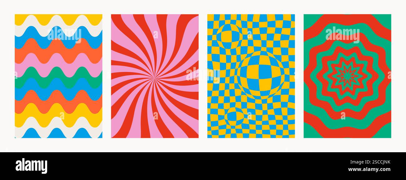Groovige Hintergründe in lebendigen Farben. Abstraktes psychedelisches Retro-Muster-Set. Trendige, flippige Vektortexturen im abstrakten y2k-Stil. Vektorgrafik für Stock Vektor