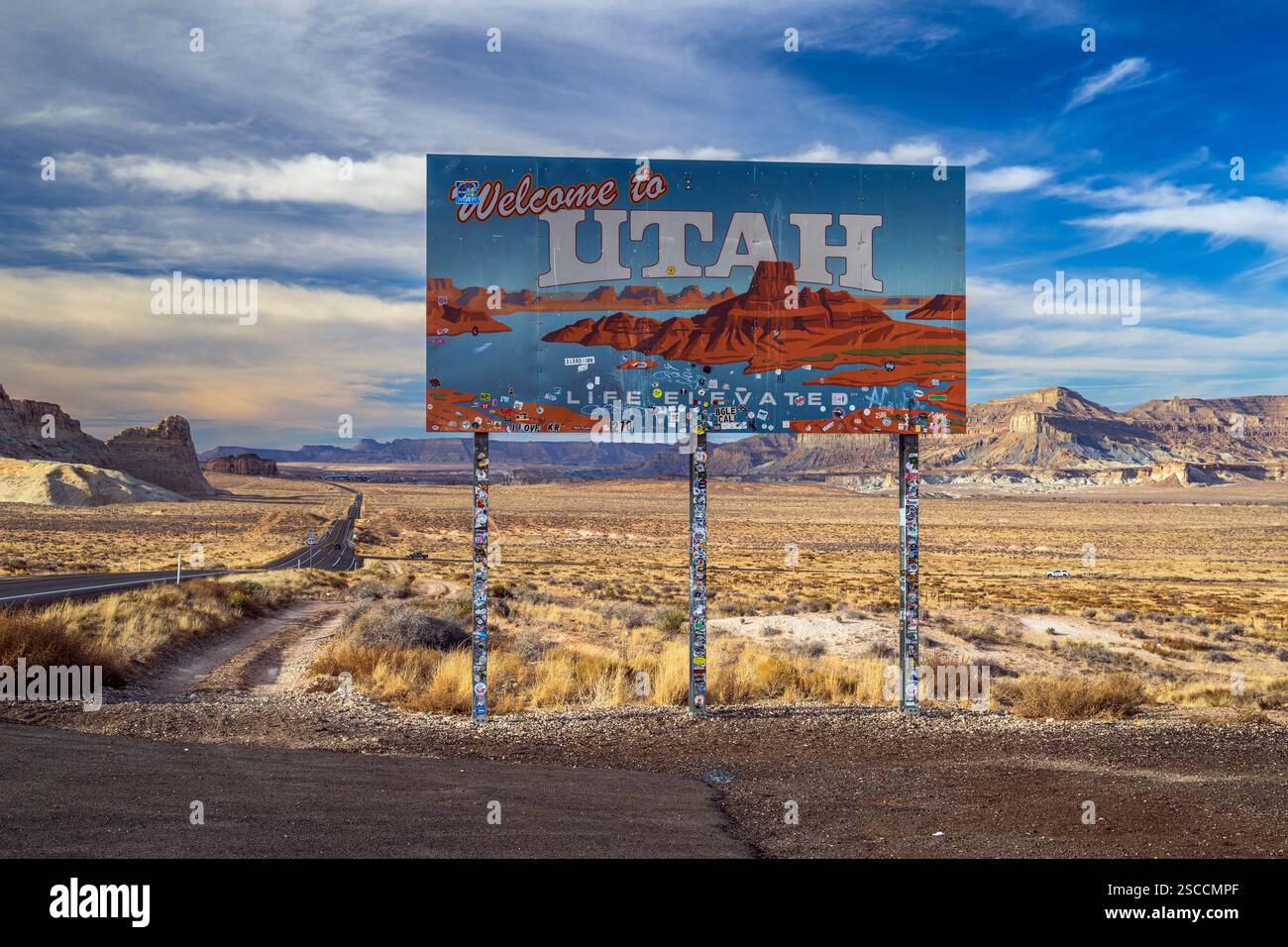 Schild „Willkommen in Utah“ am US Highway 89, Grenze zu Utah/Arizona, USA Stockfoto