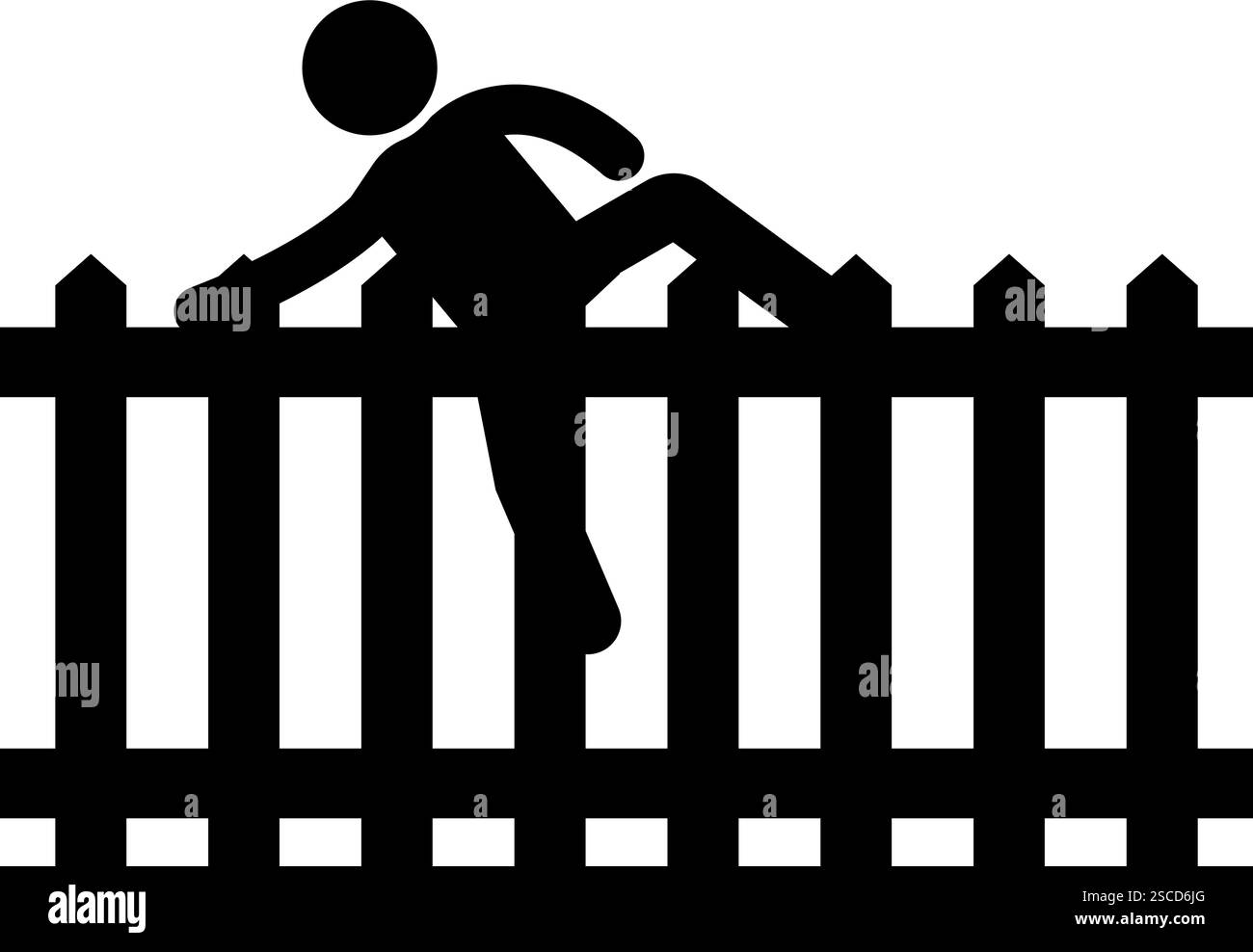 Mann klettert auf hölzernem Zaunschild. Warnschilder und -Symbole. Stock Vektor