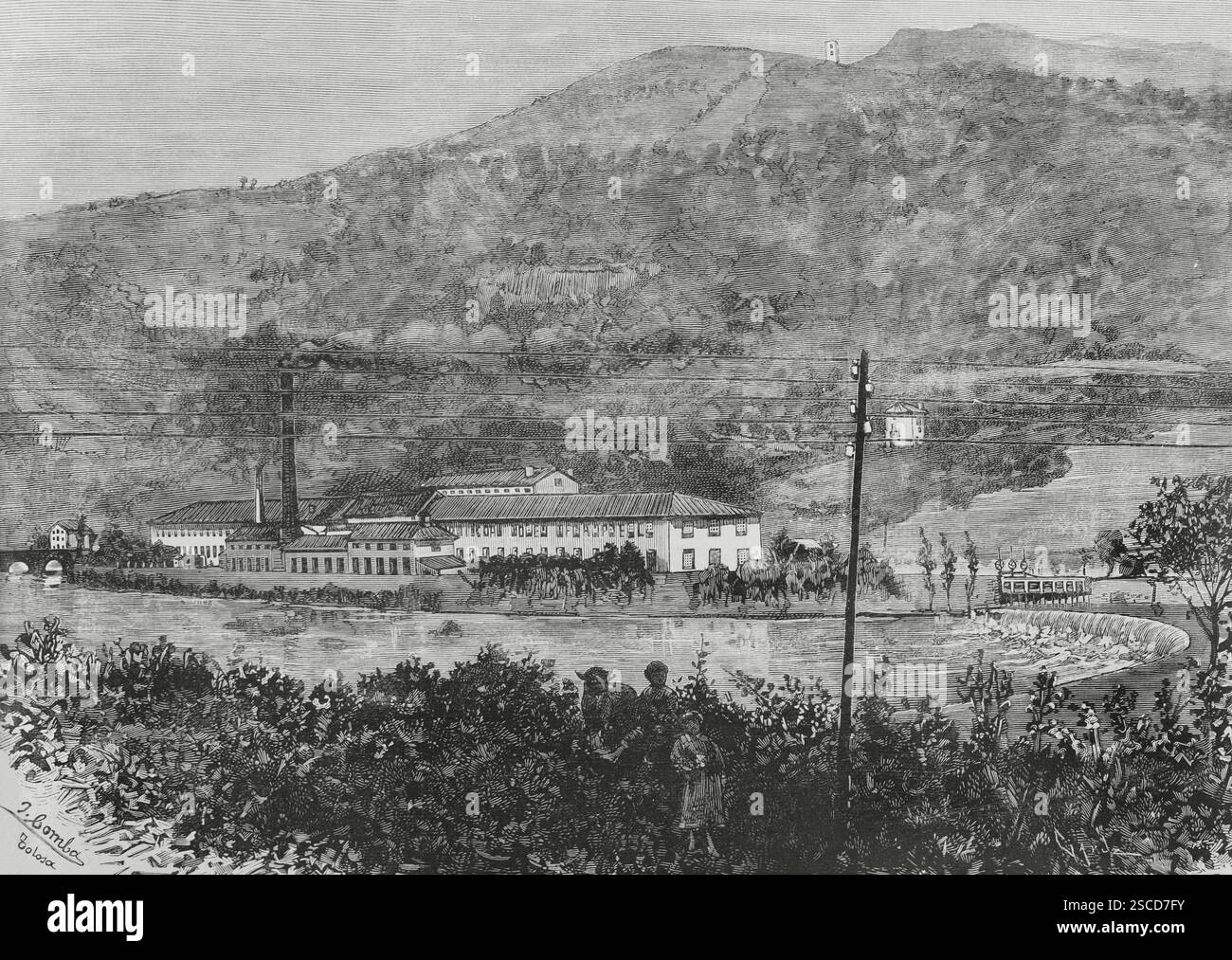 Geschichte Spaniens. Tolosa, Baskenland. Außenansicht der Papierfabrik „La Guadalupe“ neben dem Fluss Oria. Zeichnung von Juan Comba. Stich von Tomás Carlos Capuz (1834-1899). Die spanische und amerikanische Illustration (La Ilustración Española y Americana), 1884. Stockfoto
