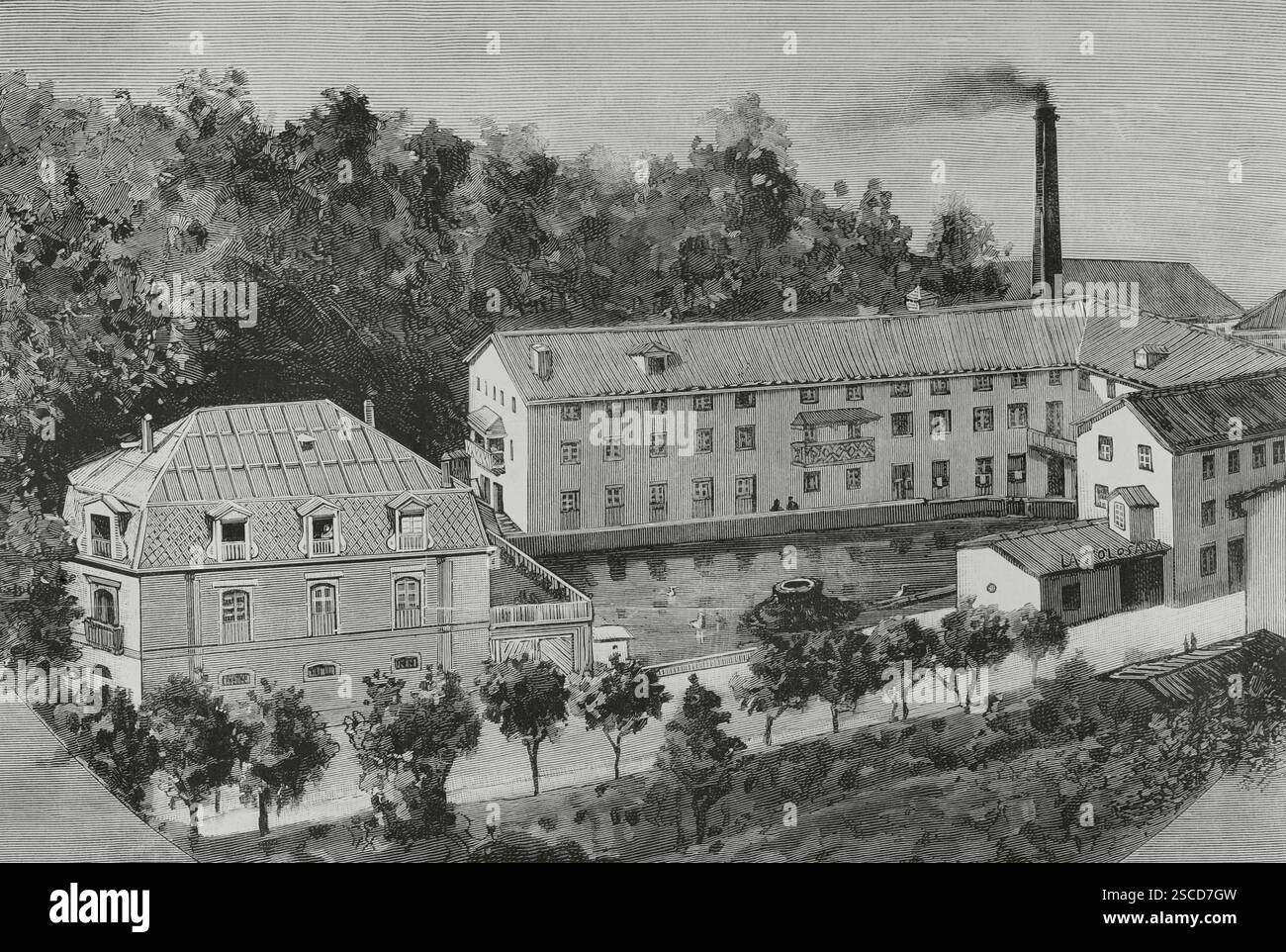 Geschichte Spaniens. Tolosa, Baskenland. Außenansicht der Papierfabrik „La Tolosana“. Zeichnung aus dem Leben von Juan Comba. Stich von Tomás Carlos Capuz (1834-1899). Die spanische und amerikanische Illustration (La Ilustración Española y Americana), 1884. Stockfoto