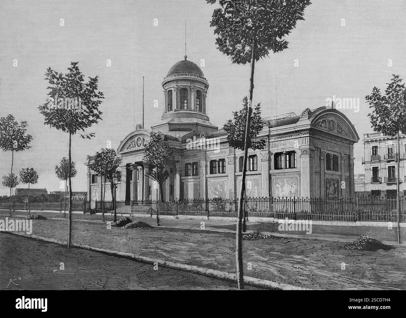 Geschichte Spaniens. Katalonien. Vilanova i la Geltrú, Provinz Barcelona. Außenansicht der Biblioteca Museu Víctor Balaguer (Víctor Balaguer Museum und Bibliothek). Gegründet 1884 von Víctor Balaguer (1824–1901), als Dank an die Stadt für ihre Unterstützung während seiner politischen Karriere. Das Gebäude wurde zwischen 1882 und 1884 vom Architekten Jeroni Granell i Mundet (1834–1889) errichtet. Stich von Bernardo Rico. Die spanische und amerikanische Illustration (La Ilustración Española y Americana), 1884. Stockfoto
