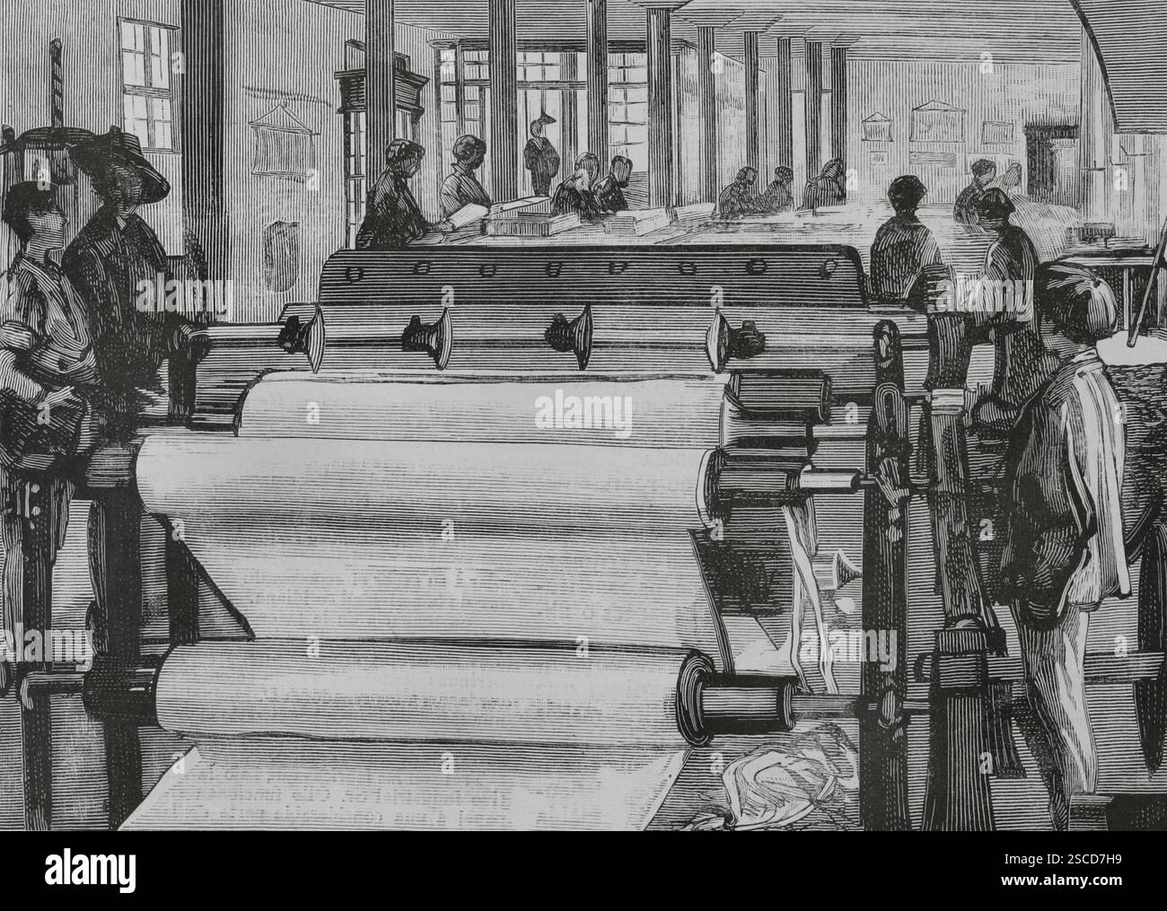 Geschichte Spaniens. Tolosa, Baskenland. Innenansicht der Papierfabrik „La Guipuzcoana“. Größenanpassung. Zeichnung aus dem Leben von Juan Comba. Gravur. Die spanische und amerikanische Illustration (La Ilustración Española y Americana), 1884. Stockfoto