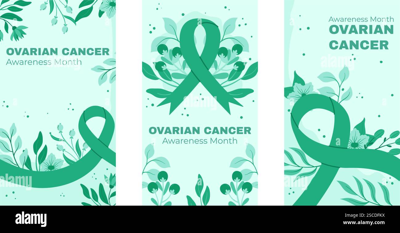 Poster zum Awareness-Monat für Ovarialkrebs mit blauen Bändern, Blumen-Illustrationen und Natur-inspirierten Hintergründen, die Frauen Gesundheit und Unterstützung fördern Stock Vektor