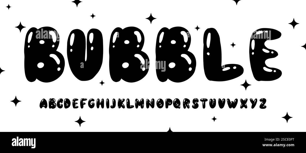 Bunte Schrift mit Bubble- oder Ballon-Schriftart mit Pinselstift für Kinder oder Festival. Party-Schriftzug mit trendigen Formen Stock Vektor