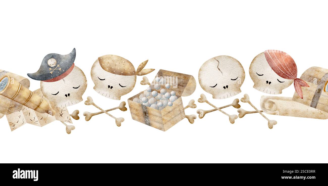 Totenkopf Piraten Aquarellrand. Nahtlose Bannerknochen Brust mit Luftblasen, Illustration isoliert auf weiß für Duschdesign, Badezimmer, Kinderzimmer Stockfoto