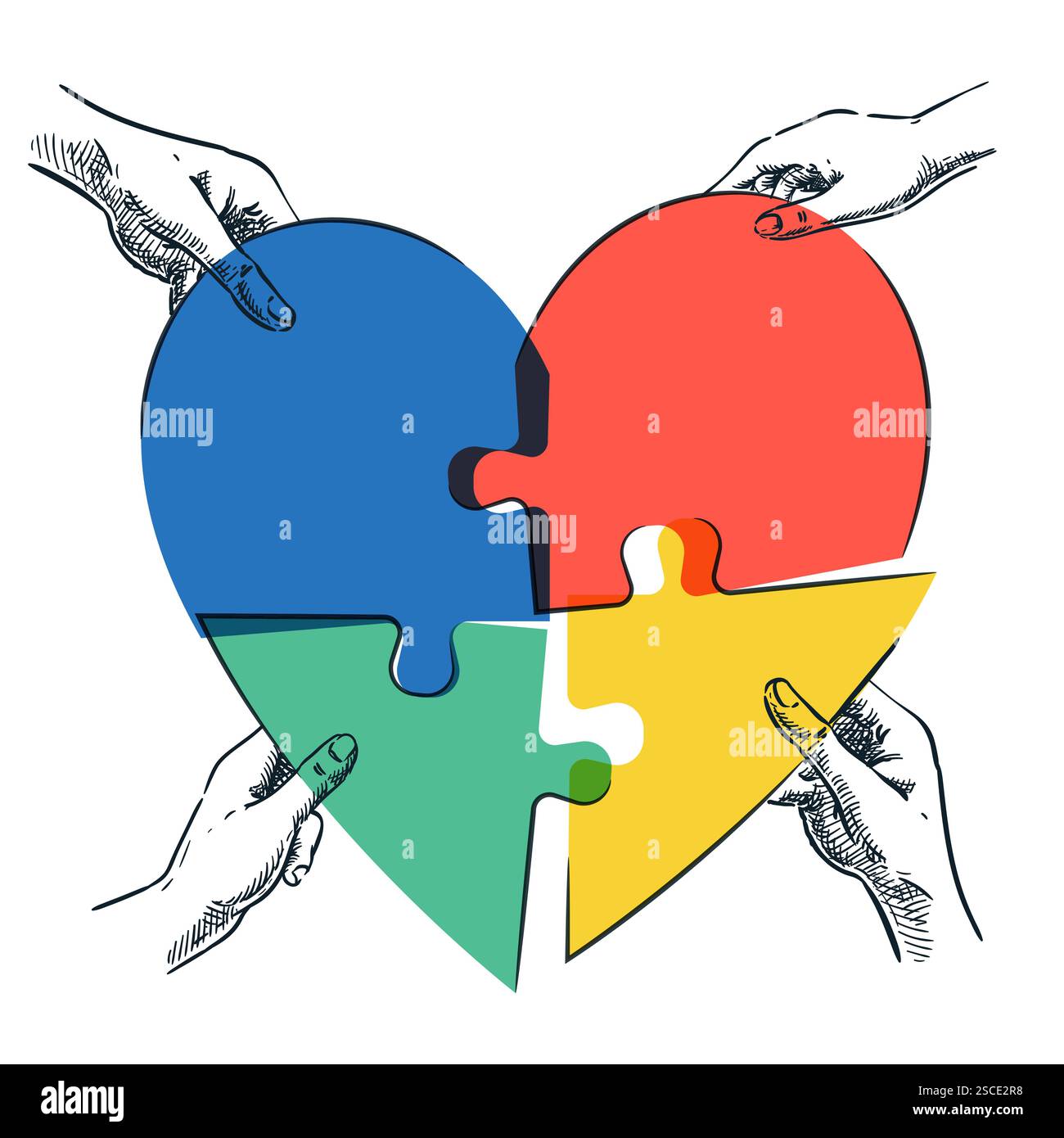 Menschliche Hände verbinden sich mit herzförmigem Puzzle. Vektorgrafik von Hand gezeichnet. Leute verbinden Puzzleteile. Unterstützung, Sozialfürsorge, dona Stock Vektor