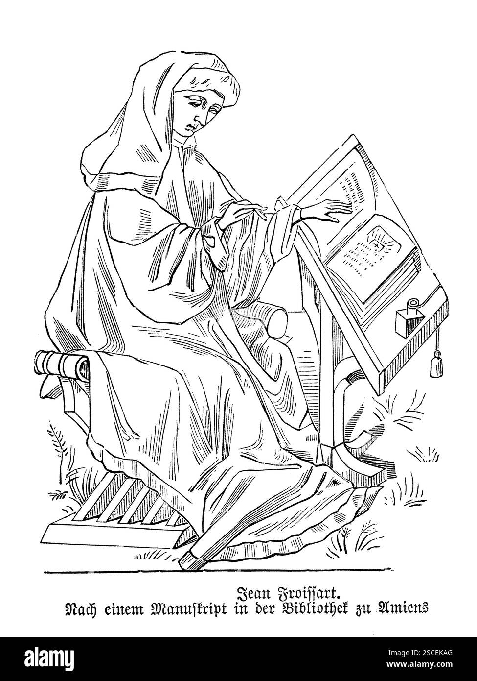 Jean Froissart – Französischer Mittelalterlicher Historiker (Amiens-Manuskript). Porträt von Jean Froissart, einem französischen Chronisten aus dem 14. Jahrhundert, der für seine lebhaften Berichte über den Hundertjährigen Krieg bekannt ist. Dieser Kupferstich aus einem Manuskript in der Bibliothek Amiens fängt seine wissenschaftliche Präsenz ein und spiegelt die raffinierte Kunstfertigkeit der mittelalterlichen Beleuchtung wider. Stockfoto