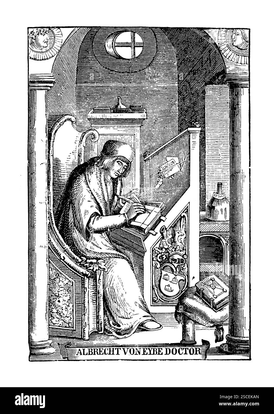 Albrecht von Eyb - Mittelalter deutscher Humanist. Porträt von Albrecht von Eyb, einem deutschen Humanisten, Rechtsanwalt und Schriftsteller aus dem 15. Jahrhundert. Als Schlüsselfigur der frühen Renaissance in Deutschland führte er die humanistischen Ideen Italiens ein und betonte klassische Bildung, Rhetorik und Moralphilosophie. Stockfoto