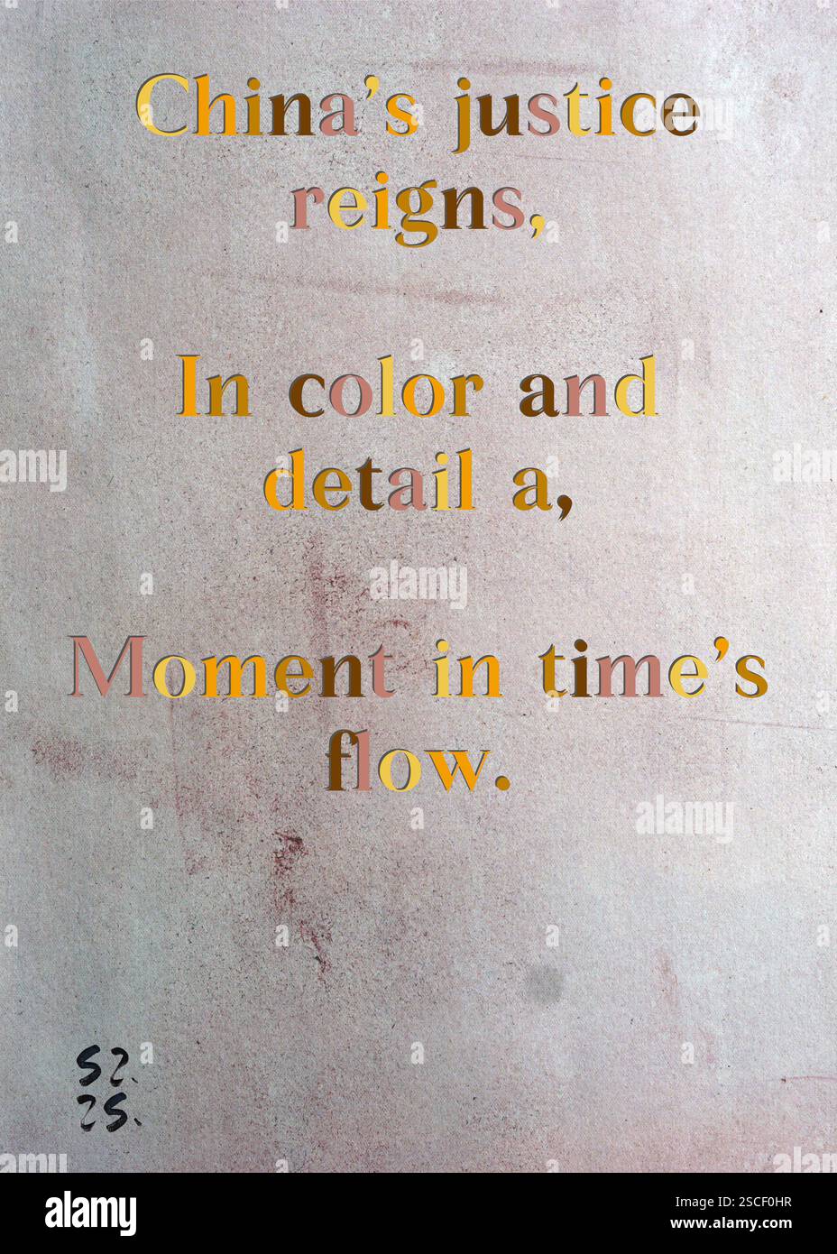 Chinas Gerechtigkeit herrscht, in Farbe und Detail, ein Moment im Zeitfluss. Bartholomew Hawkes Silberne Schriftstellergilde. Kunst von Zsuzsa Szikra. Poetry Art Print, Triplumes ist eine einzigartige poetische Form, die vom traditionellen Haiku inspiriert ist und aus drei Linien besteht, die Momente der Klarheit, der Emotionen und der Einsicht einfangen. In unserer Kollektion setzen wir uns für die Freiheit der Sprache ein, wo das Vermischen von Wörtern und das Entfernen von Bindestrichen mehr ist als eine stilistische Wahl – sie ist eine Möglichkeit, Einheit und Nähe zwischen Ideen zu vermitteln und einen fließenden, kompakten Ausdruck zu schaffen, der mit den Rhythmen des modernen Lebens in Einklang steht. Stockfoto