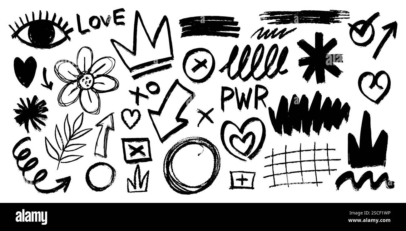 Graffiti-Elemente-Symbole für Mädchen, Feminismus. Abstrakte Elemente von Krone und Herz. Blume und Pfeile Stock Vektor