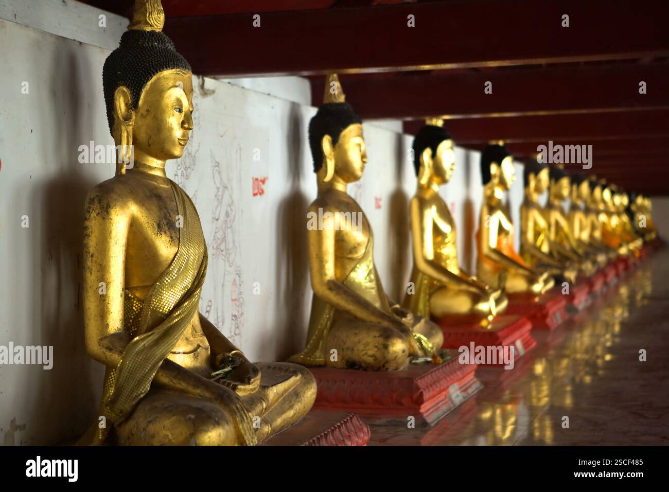 Goldene Buddha-Skulpturen in einer Gasse des Tempels Wat Phra Boromthat in Nakhon Si Thammarat, Thailand. Stockfoto