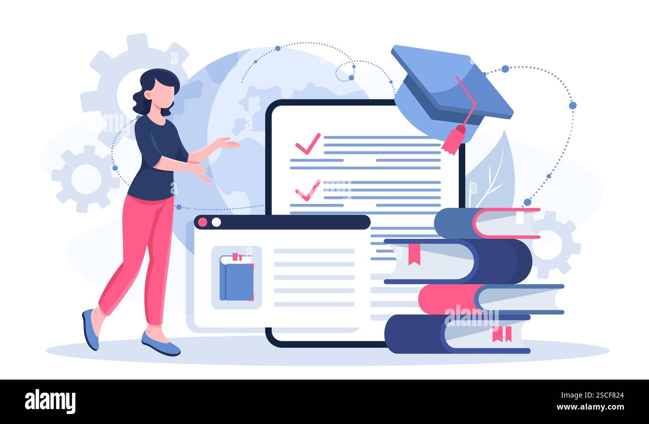 Professioneller Autor online. Frau in der Nähe von Büchern und Abschlusskappe. Talentierter Autor schreibt Artikel für die Website. Copywriter macht interessant Stock Vektor