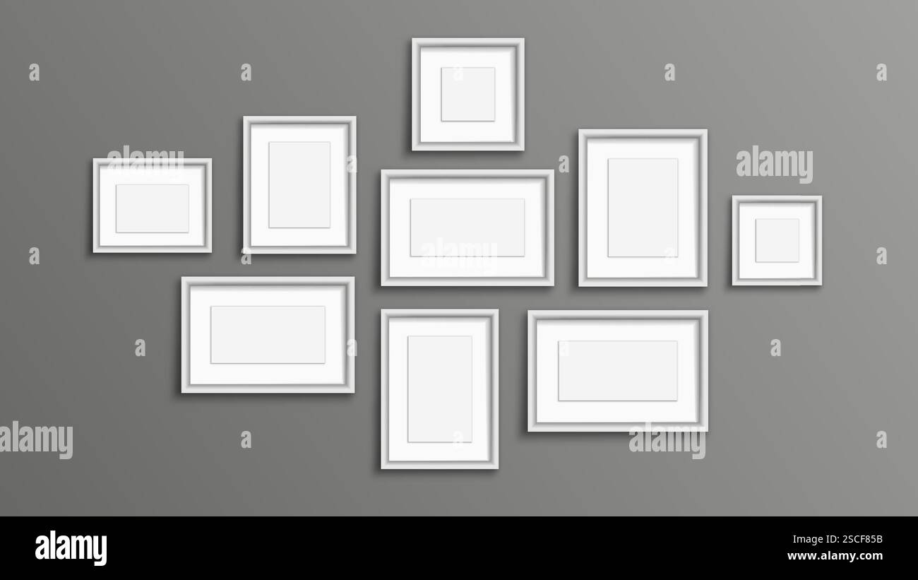 Realistische Rahmen. Bilder und Fotos an der Wand. Vorlage und Layout für Bilder. Holzrahmen mit Glas. Galerie und Collage. Flacher Vektor Stock Vektor