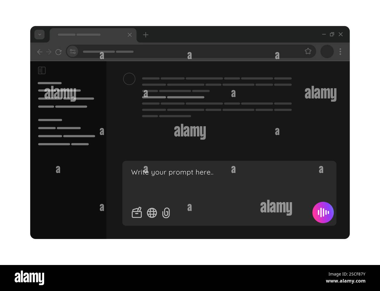 Benutzeroberfläche des KI-Chatbots großer Sprachmodelldienst LLM Künstliche Intelligenz im dunklen Modus Webbrowser-Seitenformular, um Fragen zu stellen Stock Vektor