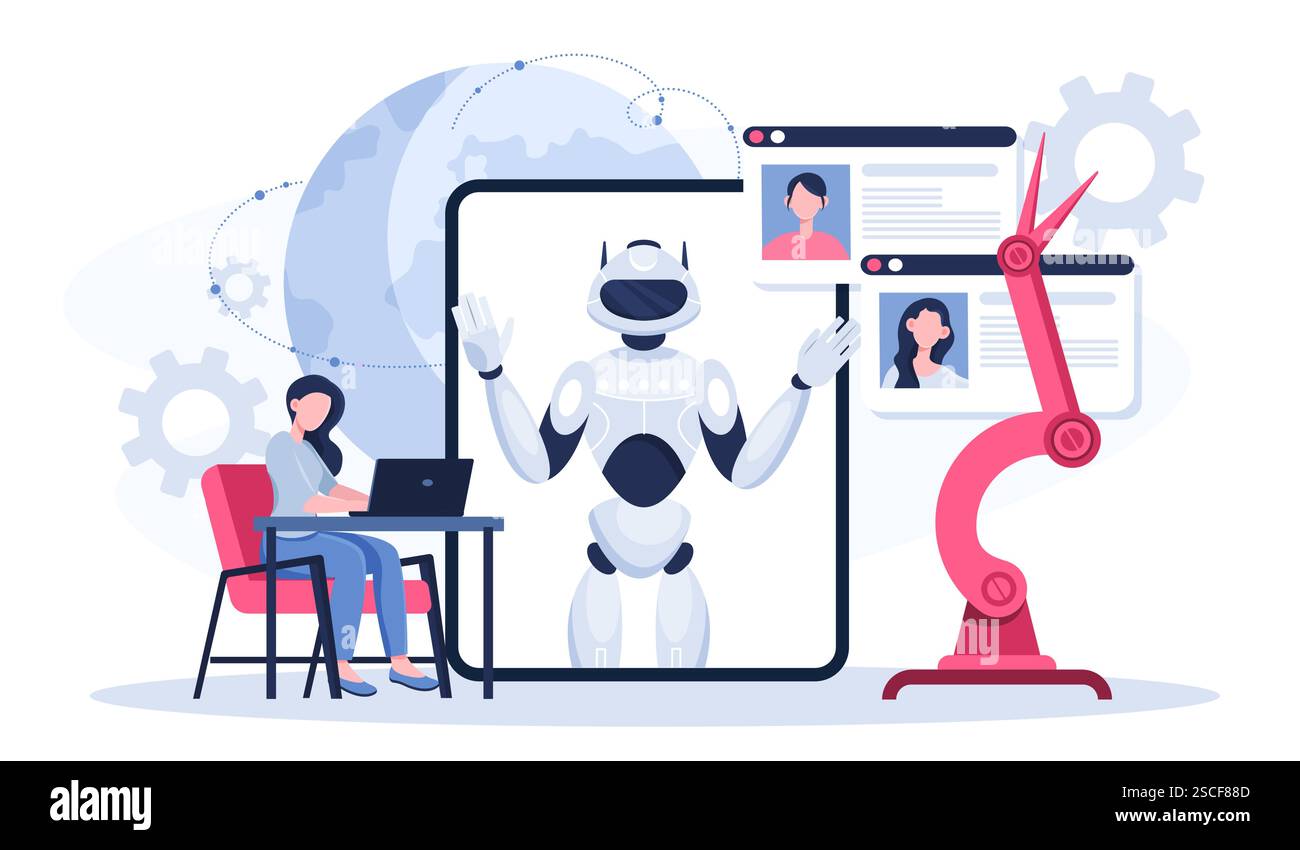 Robotik-Schulfach online. Frau mit Laptop in der Nähe des Roboters auf dem Tablet-Bildschirm. Moderne Technologien und Innovationen. Künstliche Intelligenz und Stock Vektor