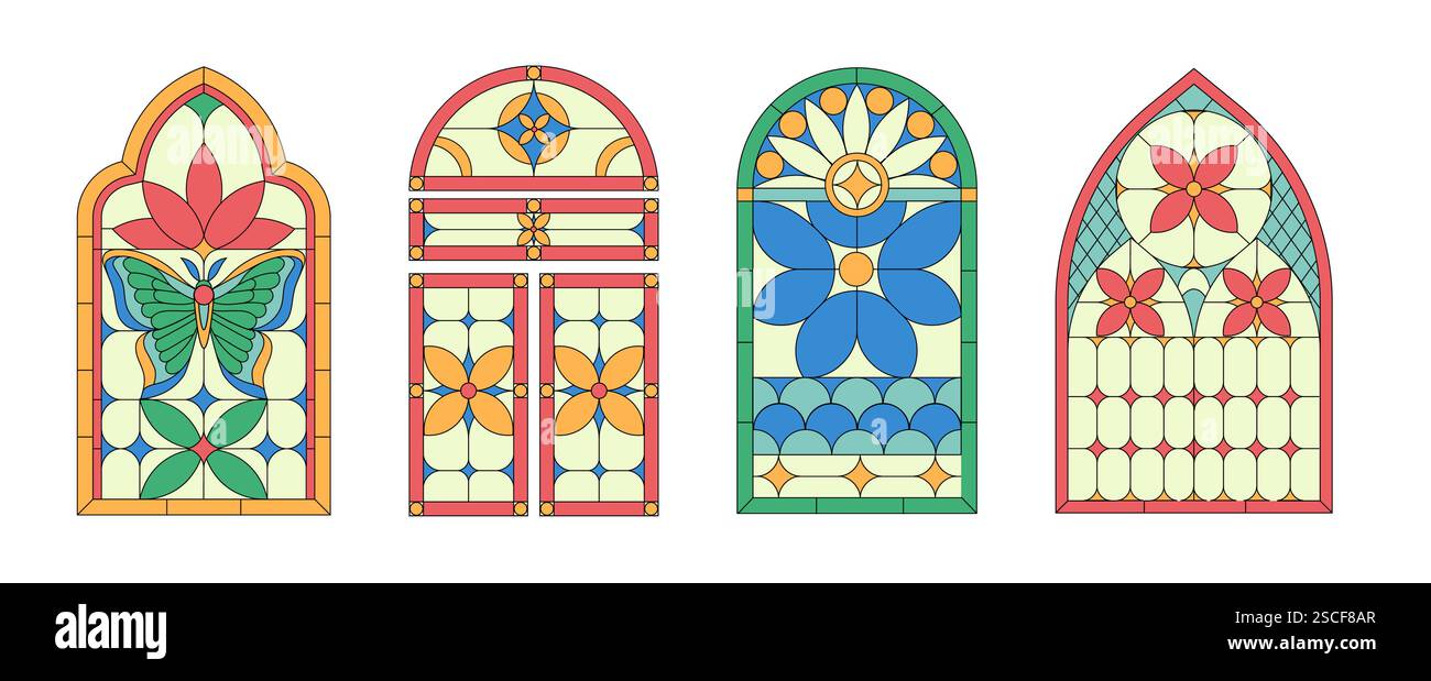 Buntglasfenster. Bunte Muster und Ornamente auf Brillen. Kreativität und Kunst. Dekoration der christlichen Kapelle. Kollektion flacher Vektoren Stock Vektor