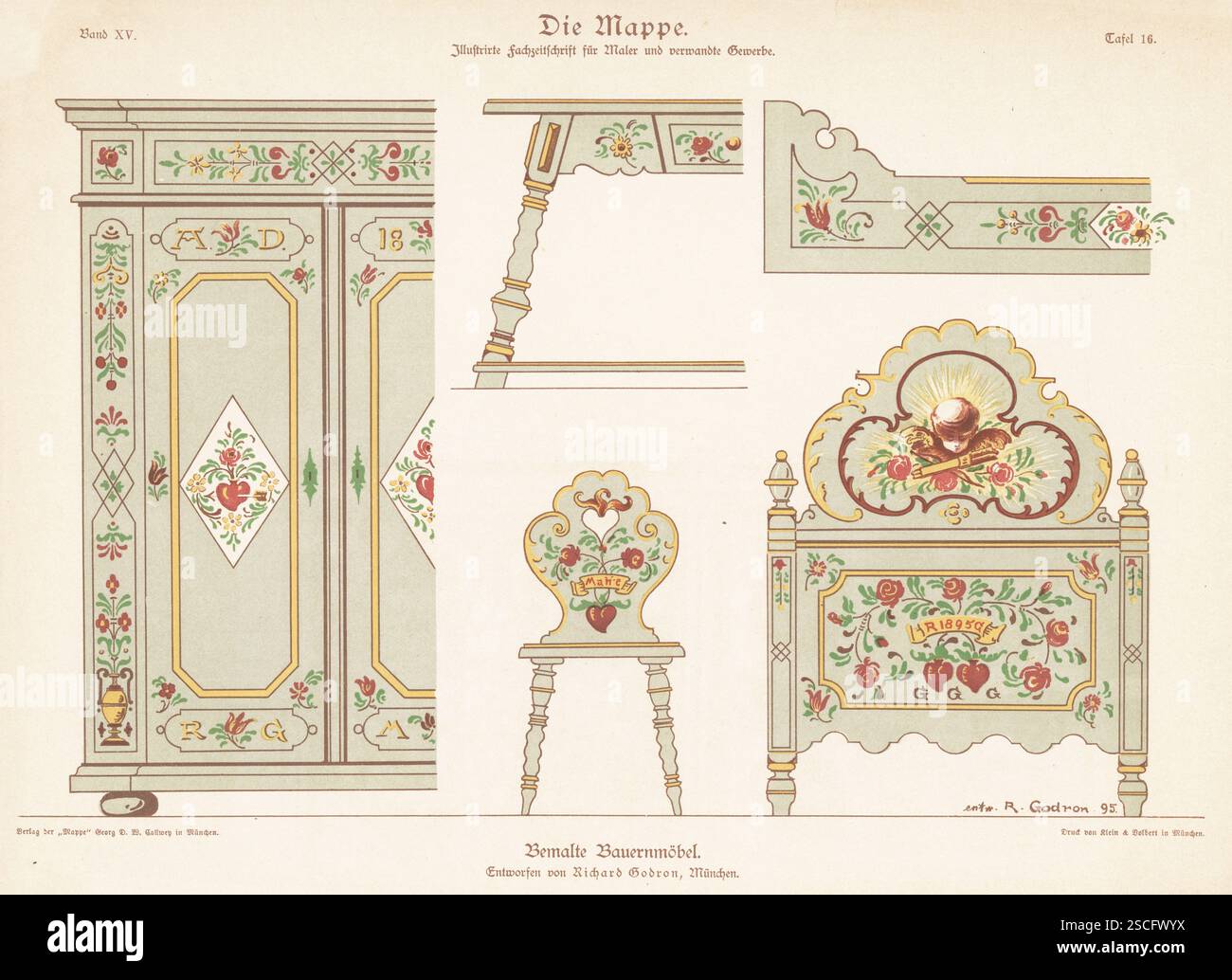 Rustikale Möbel aus lackiertem Holz, entworfen vom Künstler Richard Godron, München. Kleiderschrank, Stuhl, Tisch und Bettkopfteil mit Blumenschmuck im Renaissance-Stil. Gemalte Bauernmobel. Chromolithographie von Klein und Volbert aus Georg D. W. Callweys die Mappe, Ilustrierte Fachzeitschrift fur Maler und verwandre Gewerbe, The Folder, Illustrated Trade Magazine for Painters, München, 1895. Stockfoto