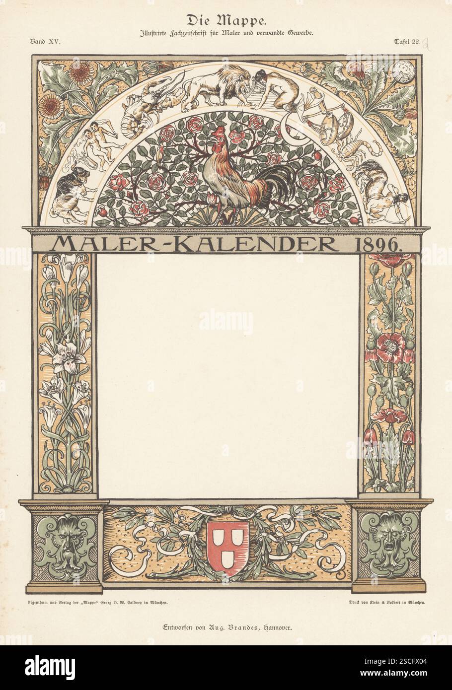 Malerkalender für 1896 entworfen vom deutschen Maler und Restauratoren August Brandes, Hannover. Rahmen mit Kunstwerk, Schilden, Figuren und Girlanden. Maler-Kalender. Chromolithographie von Klein und Volbert aus Georg D. W. Callweys die Mappe, Ilustrierte Fachzeitschrift fur Maler und verwandre Gewerbe, The Folder, Illustrated Trade Magazine for Painters, München, 1896. Stockfoto