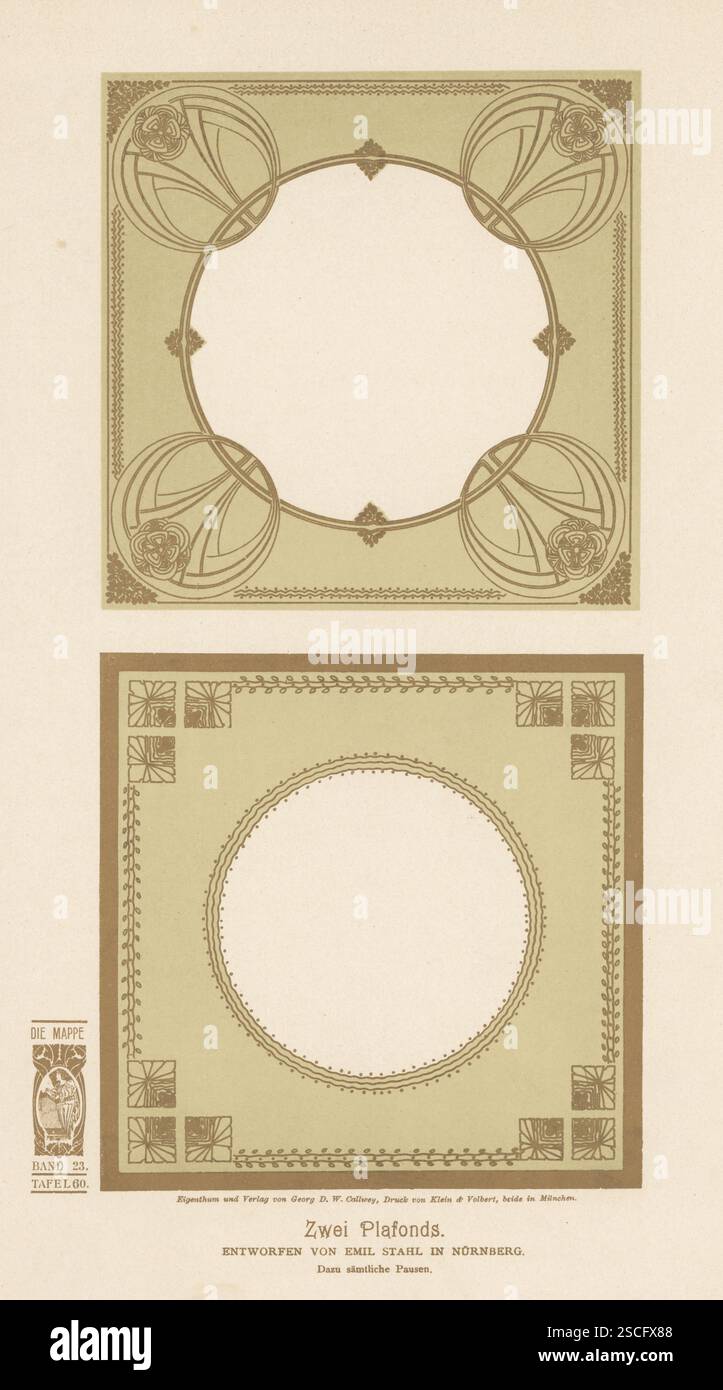 Zwei Jugendstildecken, entworfen vom deutschen Maler und Illustrator Emil Stahl in Nürnberg. Zwei Plafonds. Chromolithographie von Klein und Volbert aus Georg D. W. Callweys die Mappe, Ilustrierte Fachzeitschrift Fell Decorations-Malerei, The Folder, Illustrated Trade Magazine for Decorative Painters, München, 1903. Stockfoto