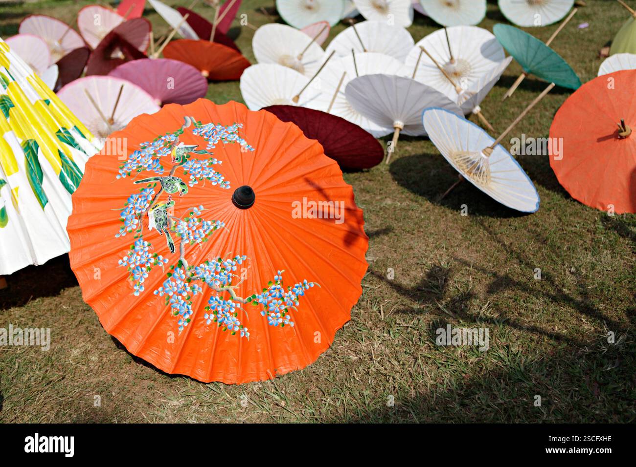 Handgefertigter Papierschirm im bo Sang Handwerkzentrum San Kamphaeng District, Chiang Mai, Thailand Stockfoto