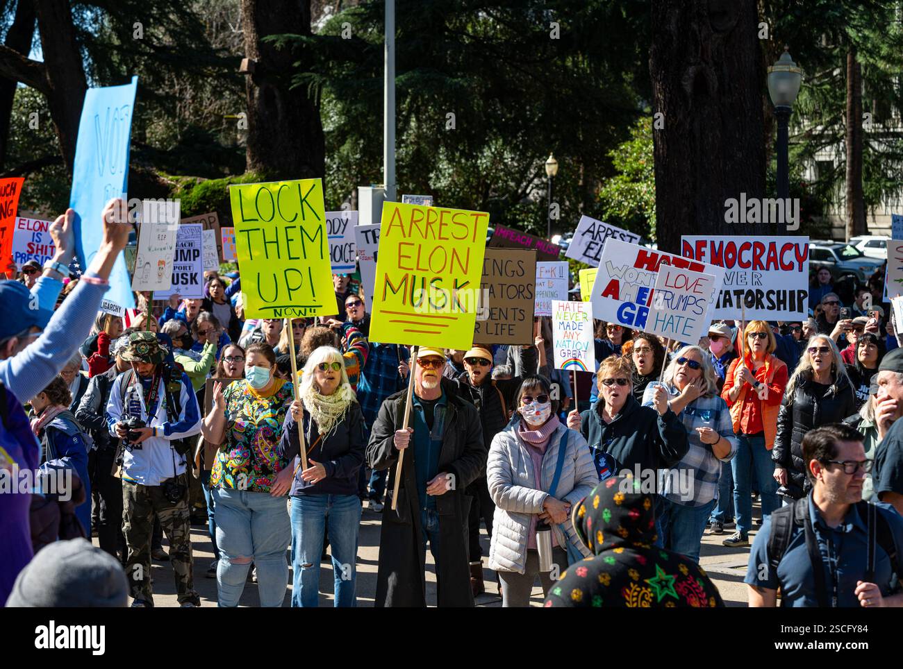 Aktivisten halten Schilder über die Verhaftung von Elon Musk und die Verhaftung von Führern im Kapitolgebäude des Staates bei der nationalen Anti-Trump-Proteste 50501 hoch. Stockfoto