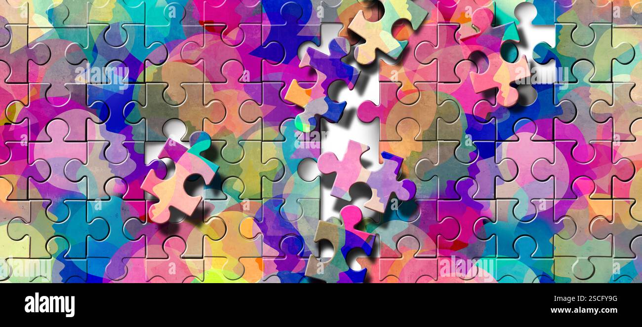 Autismus in Gesellschaft und Hirnspektrumstörung als neurodivergentes autistisches Symbol als Aspergers-Diagnostik als sozialwissenschaftliches und neurowissenschaftliches Psycholo Stockfoto