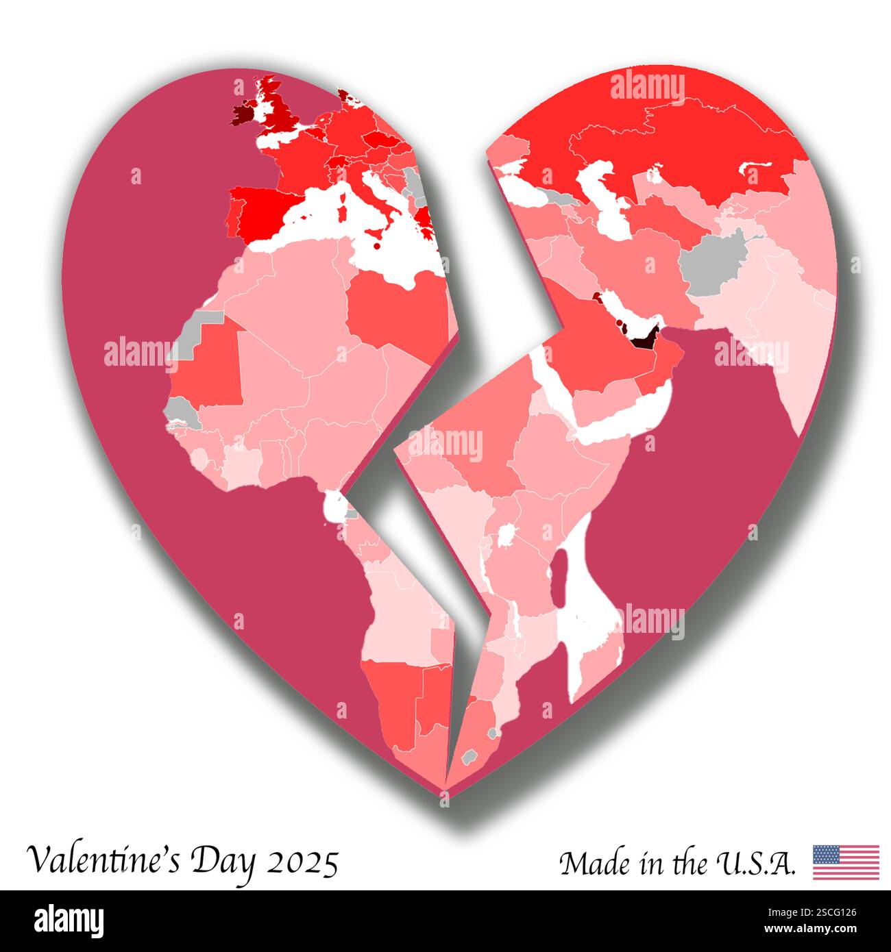 Valentine's Day 2025 card made in the USA with flag and broken heart with map of Africa. The U.S. government is shutting down USAID. Stockfoto