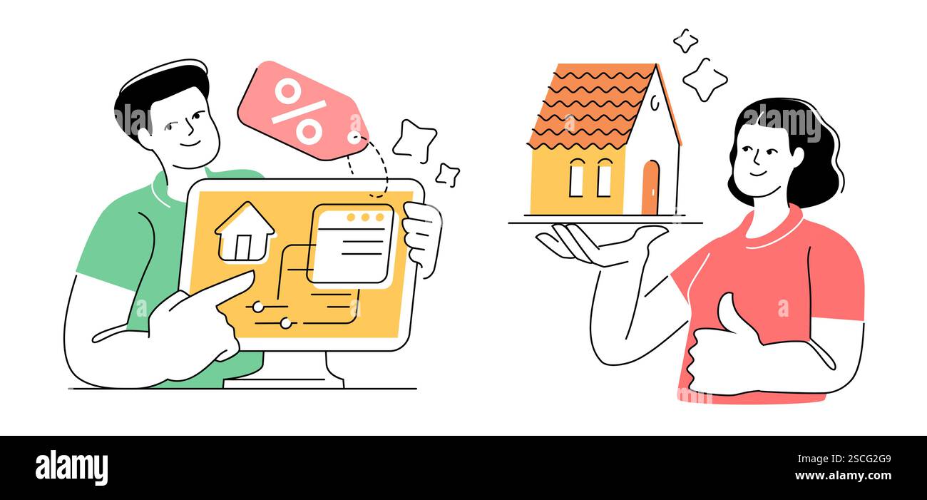 Mietkonzept oder Immobilienkauf. Eigenheimbesitz. Kauf, Miete Haus und Wohnung. Vektorabbildung Stock Vektor Mietkonzept oder Immobilienkauf. Eigenheimbesitz. Kauf, Miete Haus und Wohnung. Vektorabbildung Stock Vektor