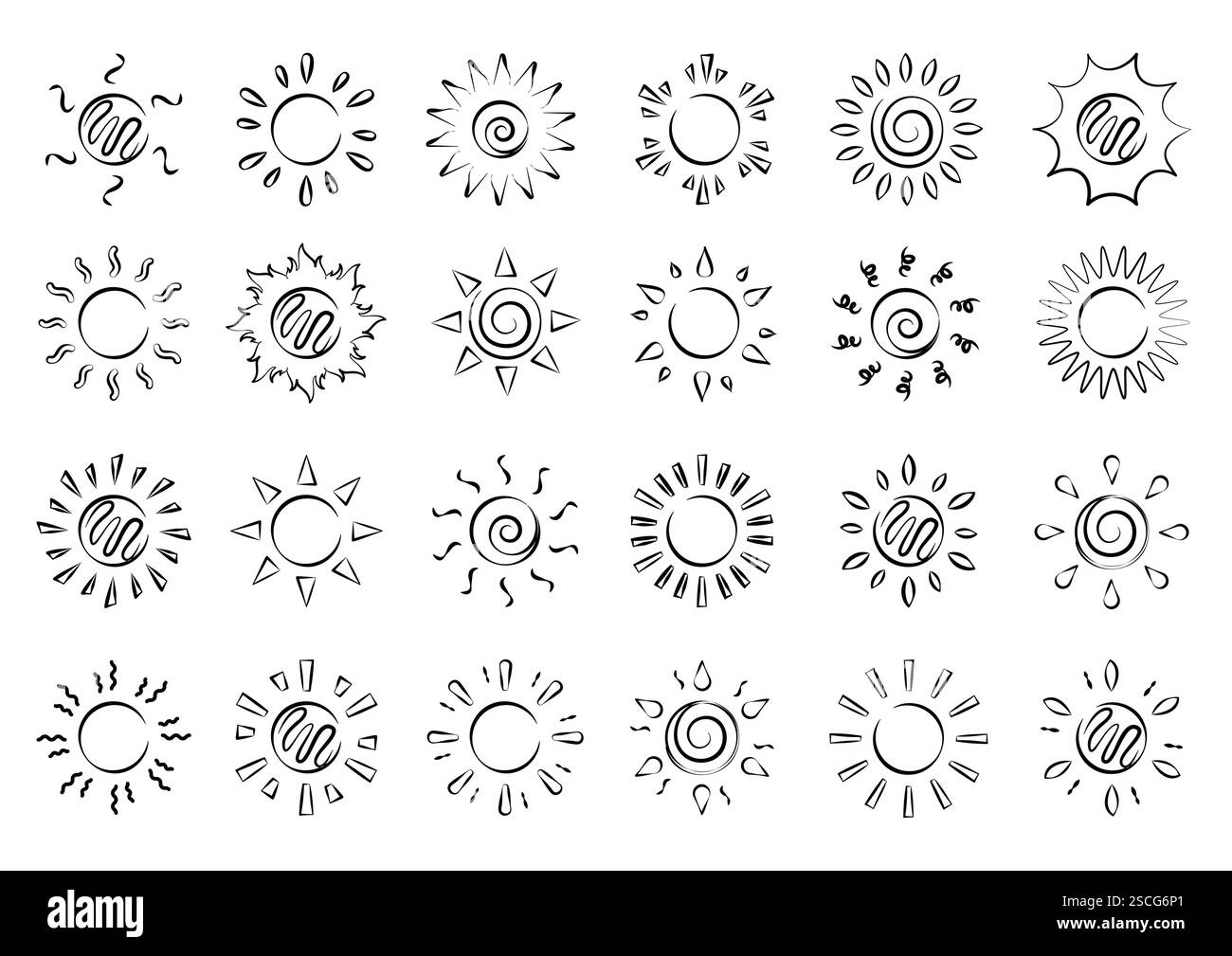 Clipart-Symbolsatz für Sonnenzeichnen. Sonnensymbol in Doodle, handgezeichnet, Scribble und Spiralclip Art Sammlung mit Sonnenstrahlen Vektor Illustration Design Stock Vektor