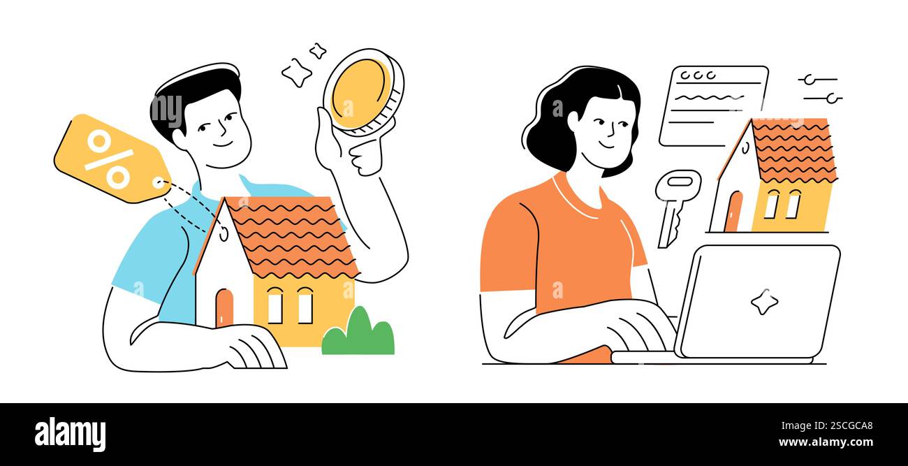 Mietkonzept oder Immobilienkauf. Kauf, Miete Haus und Wohnung. Wohneigentum Stock Vektor Mietkonzept oder Immobilienkauf. Kauf, Miete Haus und Wohnung. Wohneigentum Stock Vektor