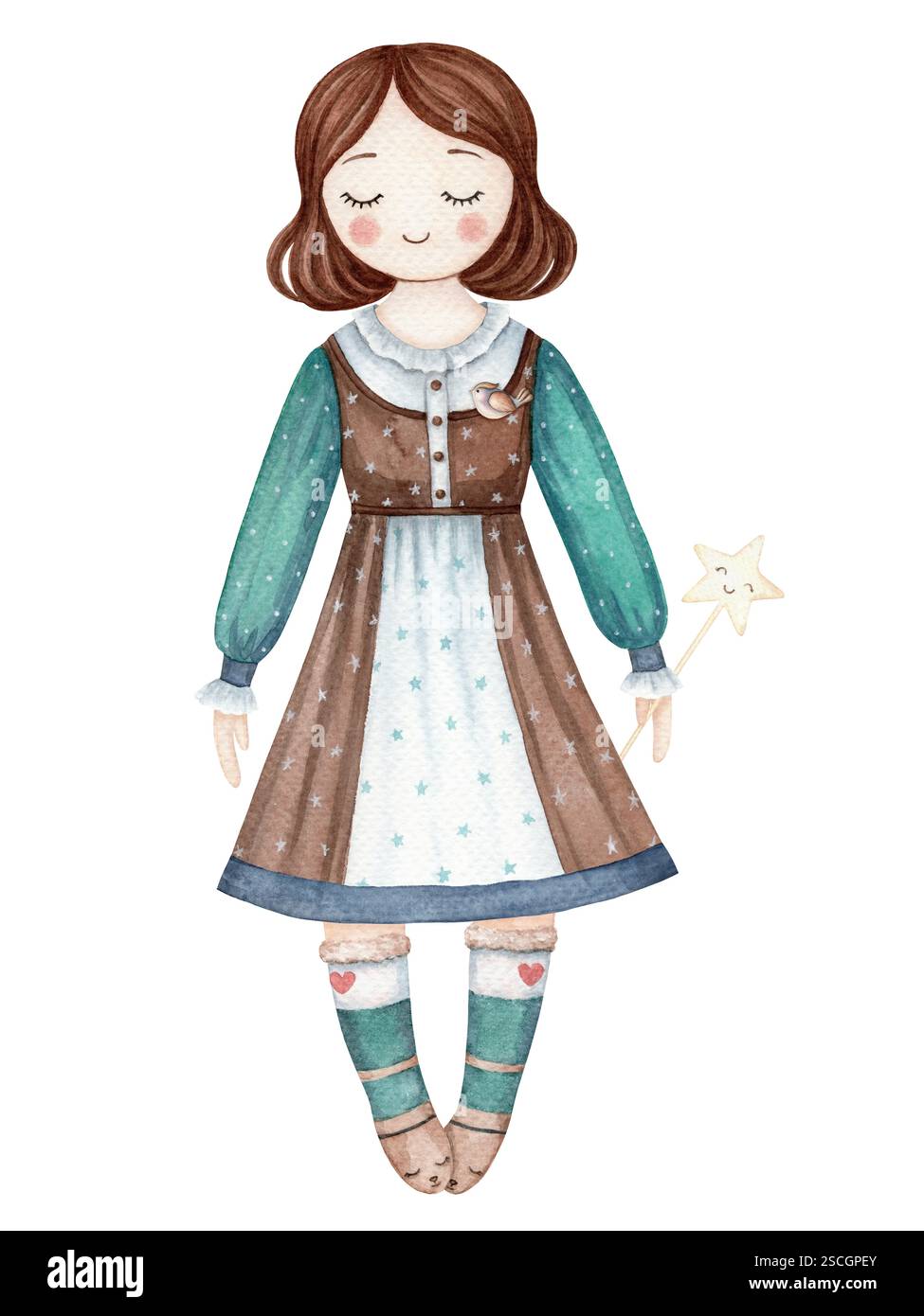 Schlafendes Mädchen im Nachthemd mit magischem Stern niedliche Baby-Illustration im Zeichentrickstil. Handgezeichneter Aquarellcharakter für Kinder. Perfekt für die Stockfoto