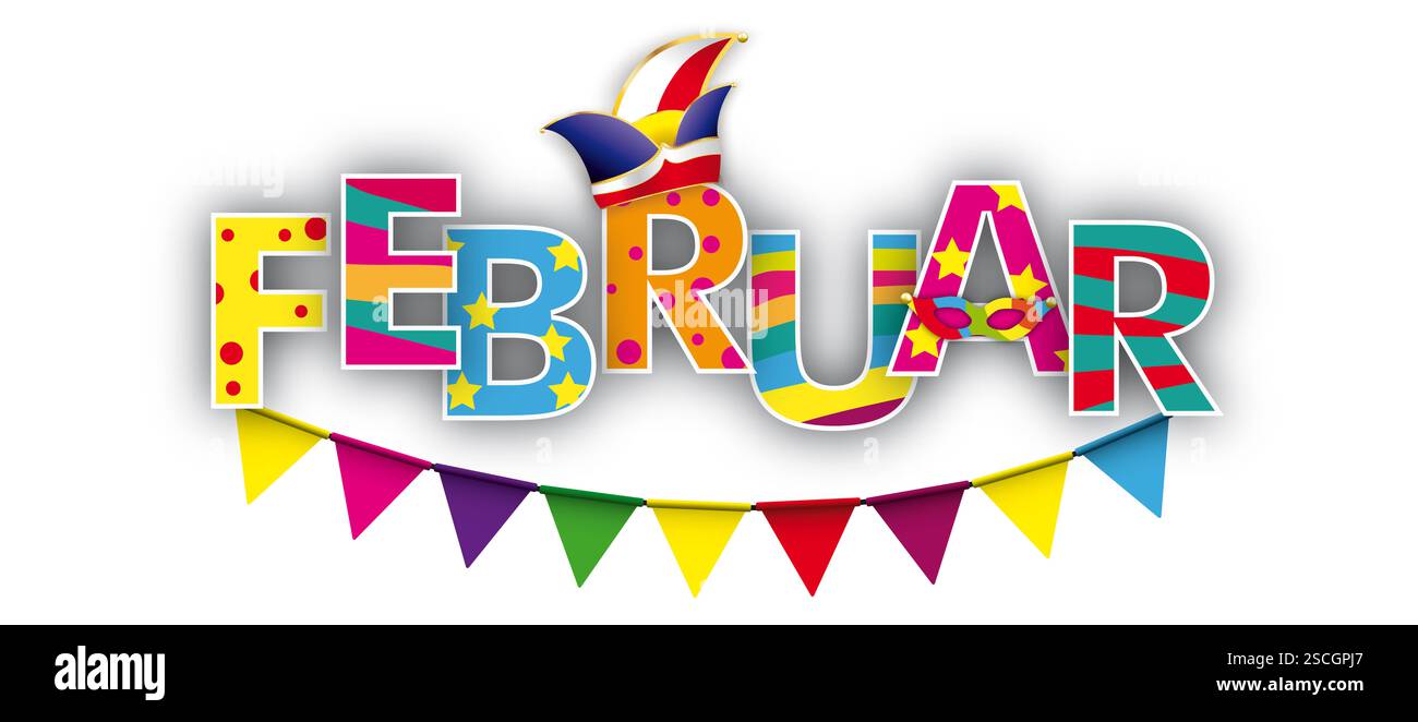 Februar Jesters Cap deutscher Text Februar übersetzen Februar. Stockfoto
